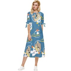 Seamless-pattern-funny-astronaut-outer-space-transportation Bow Sleeve Chiffon Midi Dress