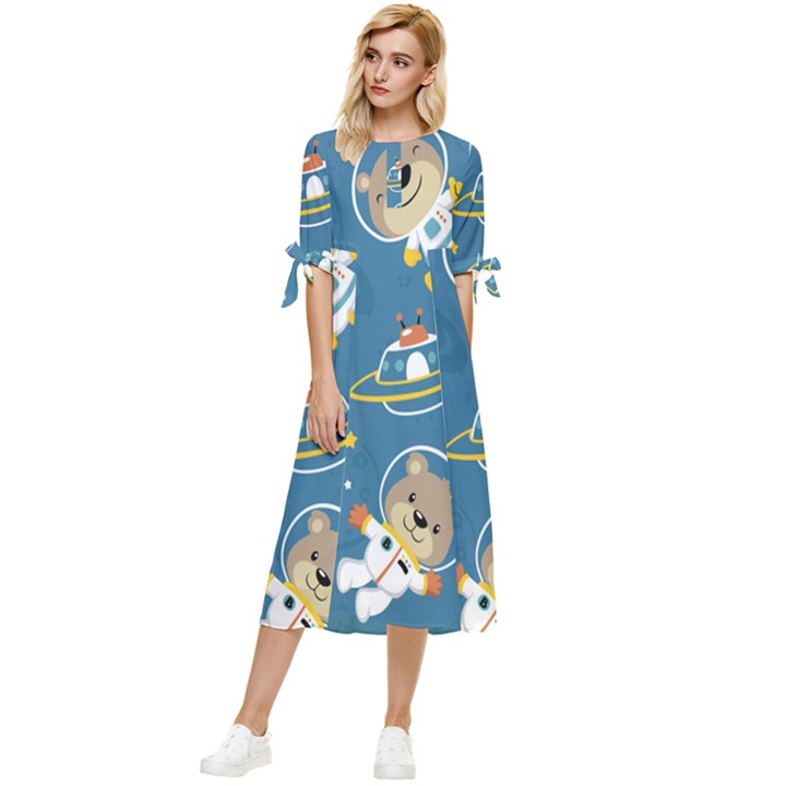 Seamless-pattern-funny-astronaut-outer-space-transportation Bow Sleeve Chiffon Midi Dress