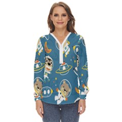 Seamless-pattern-funny-astronaut-outer-space-transportation Zip Up Long Sleeve Blouse