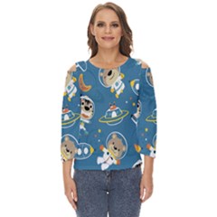 Seamless-pattern-funny-astronaut-outer-space-transportation Cut Out Wide Sleeve Top