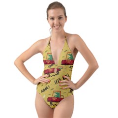 Childish-seamless-pattern-with-dino-driver Halter Cut-out One Piece Swimsuit