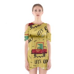 Childish-seamless-pattern-with-dino-driver Shoulder Cutout One Piece Dress