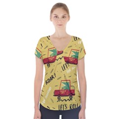 Childish-seamless-pattern-with-dino-driver Short Sleeve Front Detail Top