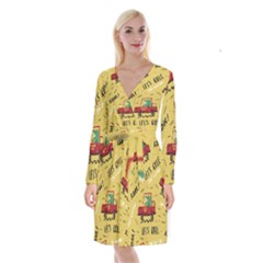 Childish-seamless-pattern-with-dino-driver Long Sleeve Velvet Front Wrap Dress