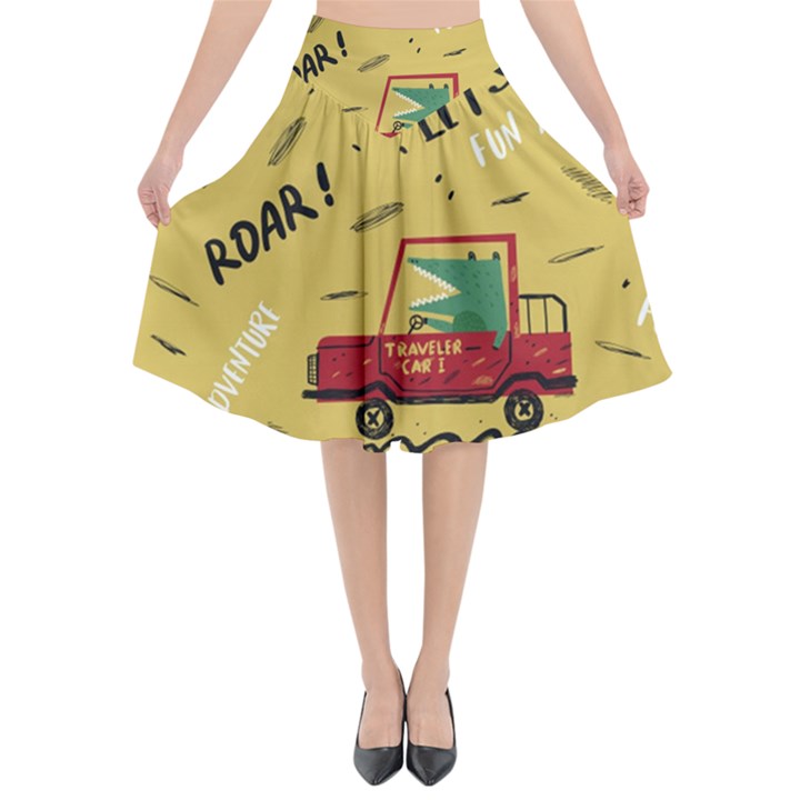 Childish-seamless-pattern-with-dino-driver Flared Midi Skirt