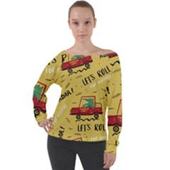 Childish-seamless-pattern-with-dino-driver Off Shoulder Long Sleeve Velour Top