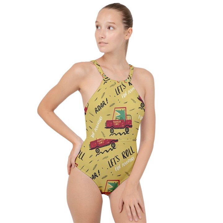 Childish-seamless-pattern-with-dino-driver High Neck One Piece Swimsuit