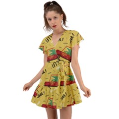 Childish-seamless-pattern-with-dino-driver Flutter Sleeve Wrap Dress