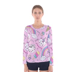 Beautiful Cute Animals Pattern Pink Beautiful Cute Animals Pattern Pink Rainbow Women s Long Sleeve Tee