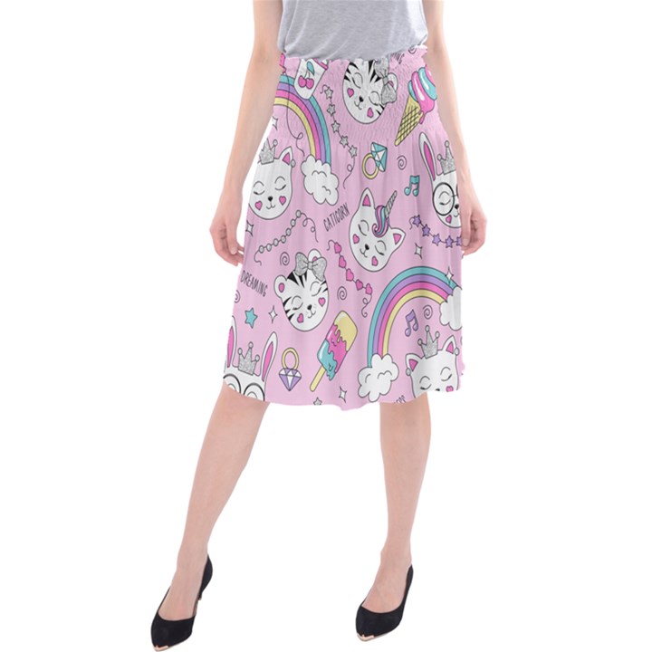 Beautiful cute animals pattern pink Beautiful cute animals pattern pink rainbow Midi Beach Skirt