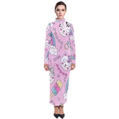 Beautiful Cute Animals Pattern Pink Beautiful Cute Animals Pattern Pink Rainbow Turtleneck Maxi Dress