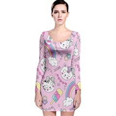 Beautiful Cute Animals Pattern Pink Beautiful Cute Animals Pattern Pink Rainbow Long Sleeve Velvet Bodycon Dress