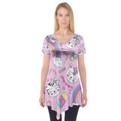 Beautiful Cute Animals Pattern Pink Beautiful Cute Animals Pattern Pink Rainbow Short Sleeve Tunic 