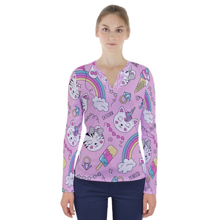 Beautiful cute animals pattern pink Beautiful cute animals pattern pink rainbow V-Neck Long Sleeve Top