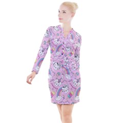 Beautiful Cute Animals Pattern Pink Beautiful Cute Animals Pattern Pink Rainbow Button Long Sleeve Dress