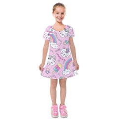 Beautiful Cute Animals Pattern Pink Beautiful Cute Animals Pattern Pink Rainbow Kids  Short Sleeve Velvet Dress