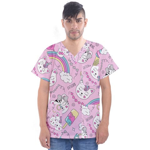 Beautiful Cute Animals Pattern Pink Beautiful Cute Animals Pattern Pink Rainbow Men s V-neck Scrub Top by Jancukart