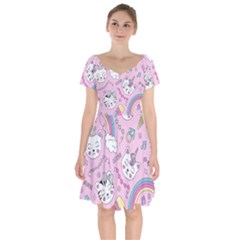 Beautiful Cute Animals Pattern Pink Beautiful Cute Animals Pattern Pink Rainbow Short Sleeve Bardot Dress