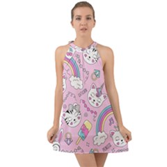 Beautiful Cute Animals Pattern Pink Beautiful Cute Animals Pattern Pink Rainbow Halter Tie Back Chiffon Dress