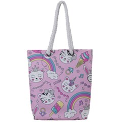 Beautiful Cute Animals Pattern Pink Beautiful Cute Animals Pattern Pink Rainbow Full Print Rope Handle Tote (small)