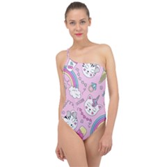 Beautiful Cute Animals Pattern Pink Beautiful Cute Animals Pattern Pink Rainbow Classic One Shoulder Swimsuit