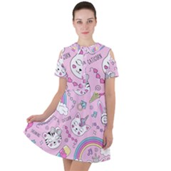 Beautiful Cute Animals Pattern Pink Beautiful Cute Animals Pattern Pink Rainbow Short Sleeve Shoulder Cut Out Dress 