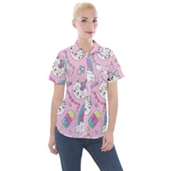 Beautiful Cute Animals Pattern Pink Beautiful Cute Animals Pattern Pink Rainbow Women s Short Sleeve Pocket Shirt