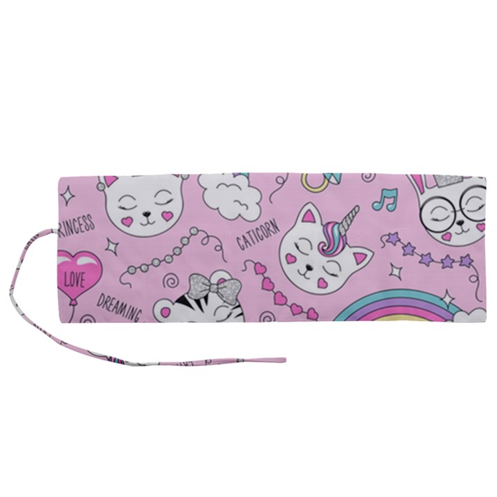 Beautiful cute animals pattern pink Beautiful cute animals pattern pink rainbow Roll Up Canvas Pencil Holder (M)