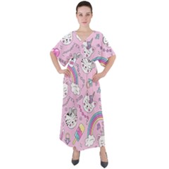 Beautiful Cute Animals Pattern Pink Beautiful Cute Animals Pattern Pink Rainbow V-neck Boho Style Maxi Dress