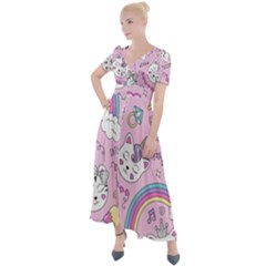 Beautiful Cute Animals Pattern Pink Beautiful Cute Animals Pattern Pink Rainbow Button Up Short Sleeve Maxi Dress