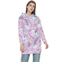 Beautiful Cute Animals Pattern Pink Beautiful Cute Animals Pattern Pink Rainbow Women s Long Oversized Pullover Hoodie