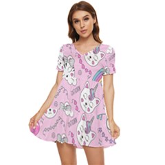 Beautiful Cute Animals Pattern Pink Beautiful Cute Animals Pattern Pink Rainbow Tiered Short Sleeve Babydoll Dress