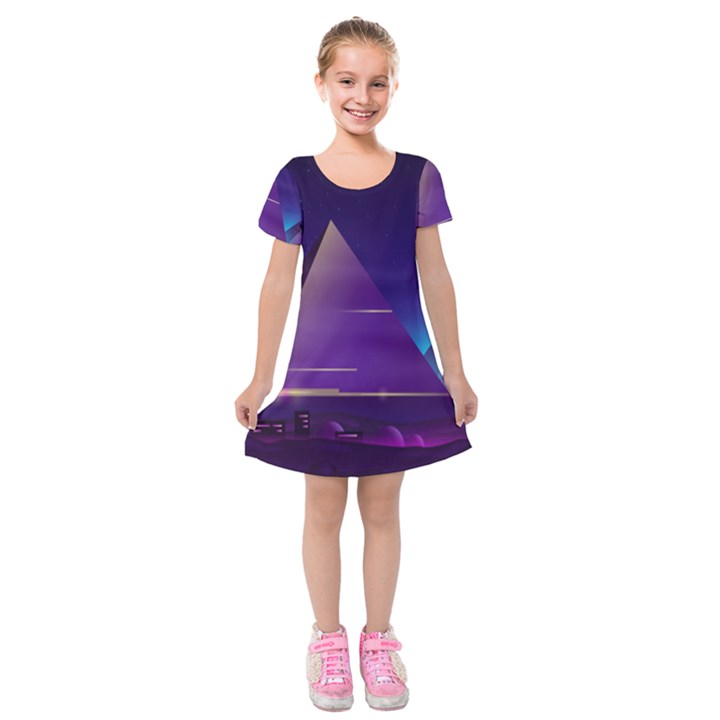 Egyptian-pyramids-night-landscape-cartoon Kids  Short Sleeve Velvet Dress