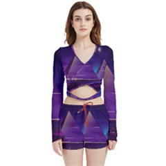 Egyptian-pyramids-night-landscape-cartoon Velvet Wrap Crop Top And Shorts Set