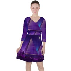 Egyptian-pyramids-night-landscape-cartoon Quarter Sleeve Ruffle Waist Dress