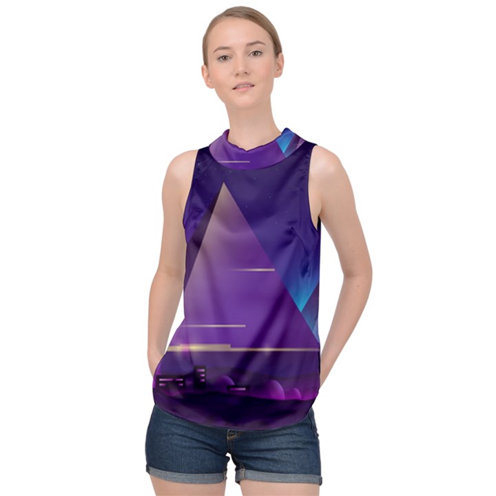 Egyptian-pyramids-night-landscape-cartoon High Neck Satin Top