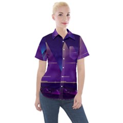 Egyptian-pyramids-night-landscape-cartoon Women s Short Sleeve Pocket Shirt