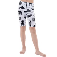 Dark-seamless-pattern-symbols-landmarks-signs-egypt --- Kids  Mid Length Swim Shorts