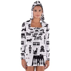 Dark-seamless-pattern-symbols-landmarks-signs-egypt --- Long Sleeve Hooded T-shirt