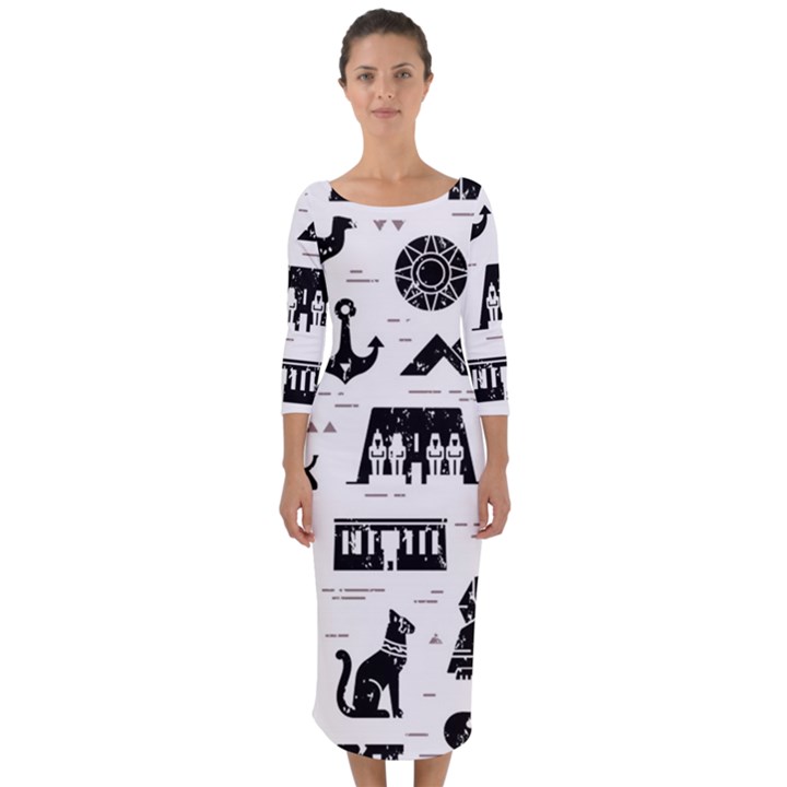 Dark-seamless-pattern-symbols-landmarks-signs-egypt --- Quarter Sleeve Midi Bodycon Dress