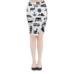 Dark-seamless-pattern-symbols-landmarks-signs-egypt --- Midi Wrap Pencil Skirt