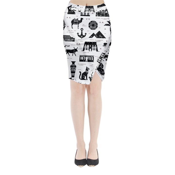 Dark-seamless-pattern-symbols-landmarks-signs-egypt --- Midi Wrap Pencil Skirt