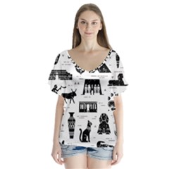 Dark-seamless-pattern-symbols-landmarks-signs-egypt --- V-neck Flutter Sleeve Top