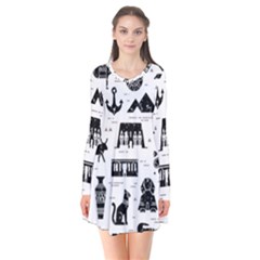 Dark-seamless-pattern-symbols-landmarks-signs-egypt --- Long Sleeve V-neck Flare Dress