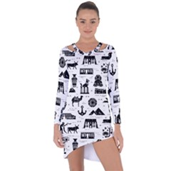 Dark-seamless-pattern-symbols-landmarks-signs-egypt --- Asymmetric Cut-out Shift Dress