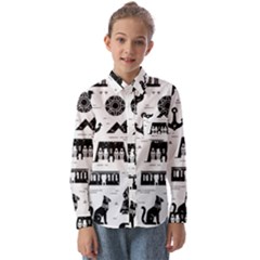 Dark-seamless-pattern-symbols-landmarks-signs-egypt --- Kids  Long Sleeve Shirt