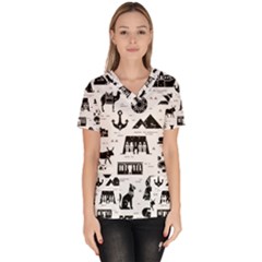 Dark-seamless-pattern-symbols-landmarks-signs-egypt --- Women s V-neck Scrub Top