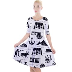 Dark-seamless-pattern-symbols-landmarks-signs-egypt --- Quarter Sleeve A-line Dress