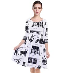 Dark-seamless-pattern-symbols-landmarks-signs-egypt --- Quarter Sleeve Waist Band Dress