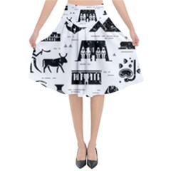 Dark-seamless-pattern-symbols-landmarks-signs-egypt --- Flared Midi Skirt